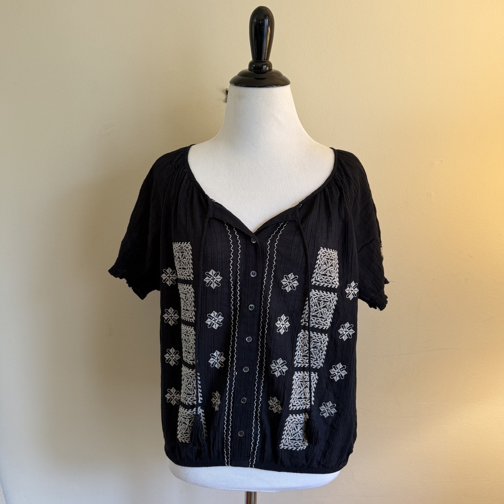 Joie Black Embroidered Cotton Gauze Peasant Blouse Tassel Boho Top C99-T1020D S